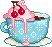 Pixel art of a light blue tea cup with pink cream and a cherry