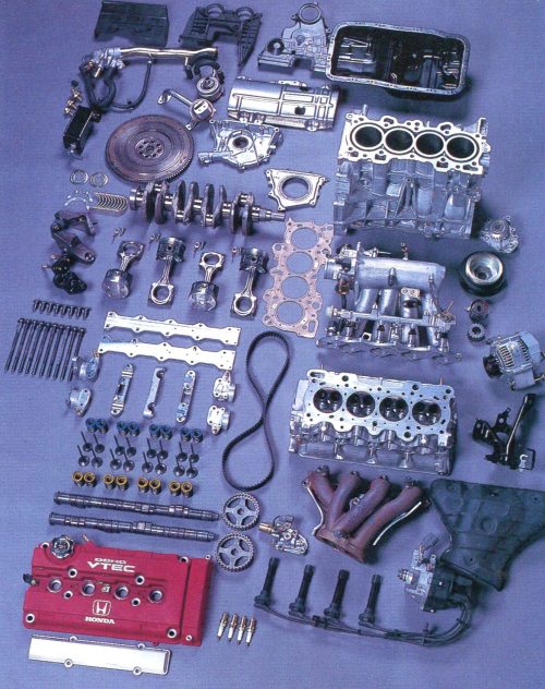 beautifullyengineered:  Great Works for the Enthusiast Masses by the Honda Motor Company B16A, C30A, B18C (‘96-spec), F20C, K20A