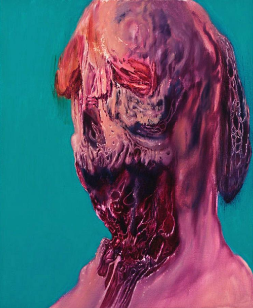 asylum-art:   Gerald Collins  Gerald Collings‘ paintings are  a perfect mix between Francis Bacon and your local butcher shop. These layered paintings look like they have been to hell and back. With images of skinned faces, torn apart rib cages, and