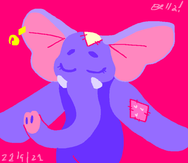 a purple stuffed animal elephant greeting the viewer like a princess. she has patches on one of her arms and in her head. she has a bell earring. the background is pink