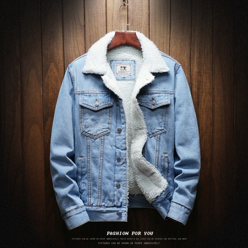 Men Light Blue Winter Jean Thicker Jackets Warm Denim Coats | Wool Liner