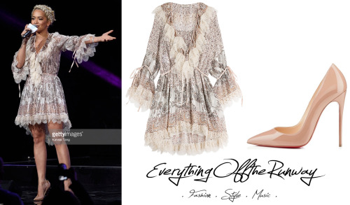 Rita Ora at We Day UK. Etro Printed Silk Dress with LaceChristian Louboutin So Kate Pump Nude 