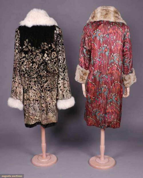 TWO FUR TRIMMED EVENING COATS, 1920s1 gold & silver lamé coat w/ Fauvist stylized forest motif i