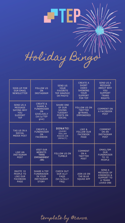 Just a reminder that our Peace, Love, & Trans Joy BINGO closes tonight! Send in your completed c