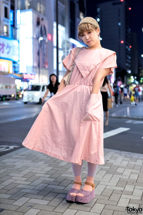 20-year-old Yurako on the street in Harajuku with a pink dress from The Virgin Mary, sherbet tights,