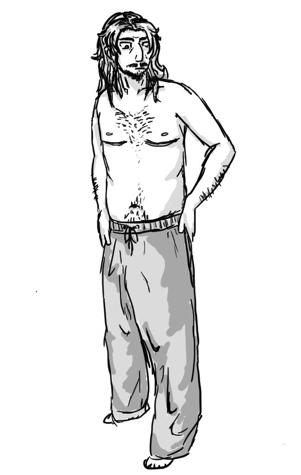 Julius shirtless and in sweatpants, showing top surgery scars