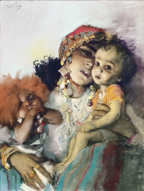 Young woman with her two children.Pastel on paper.62 x 48 cm.Art by Abba Pfeffermann, called Abel Pa