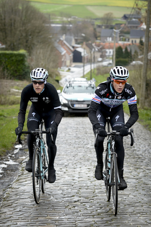 justcyclingshit:  Matteo Trentin and Niki Terpstra, recon for the Omloop Het Nieuwsblad 2014