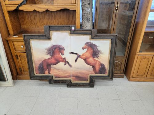 shiftythrifting:  MASSIVE horse mural thing. It was at least 4 feet across. Savers, Utah