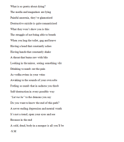 the-unemotional-bagel:  The media is great at glamorizing suicide and eating disorders but they won’t show you the pain and horrors of it. They won’t tell you what might happen to you at the end of this little “trend.” A trend that kills millions