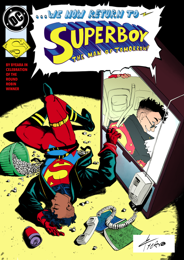 A redraw of the Superboy 1994 issue 4 cover with slight modifications. The title, instead of saying "Superboy, the animated series!" says "Suberboy, the man of tomorrow!" in reference to the new comic title. In the credits section it says "by ByeAra in celebration of the Round Robin winner". The covers of the magazine on the floor are very rough doodles of Superboy's first appearance in The Reign of the Supermen in 1992, and the first issue of Young Justice 2019, respectively. The image on the TV screen is a redraw of a fragment of the cover of the new comic: Kon from the back, holding a duffel bag over his left shoulder and looking back over his right shoulder.