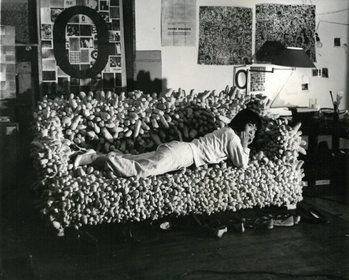 flowuriist: Compulsion Furniture  (c. 1964) Yayoi Kusama reclining on Accumulation No. 2 (1962) 