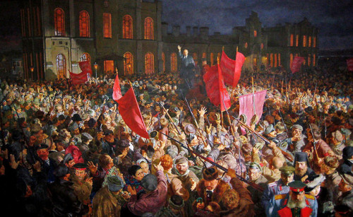 Painting of Lenin addressing the crowd upon his return to Russia during the Russian Revolution. Note