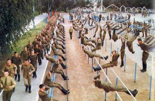 Soviet soldiers working out before a parade