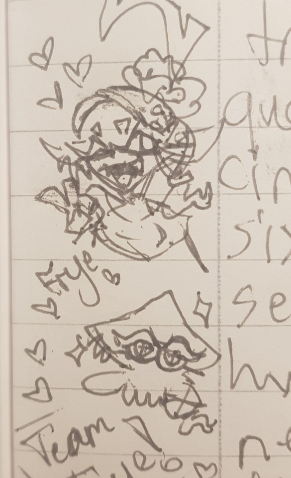 a doodle in a notebook of frye, both kid and squid form. next to her is some french numbers.