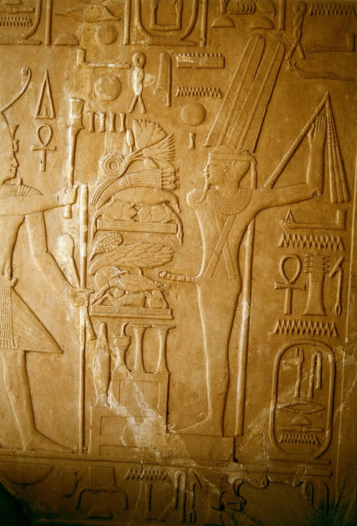 egypt-museum:Senusret I before Min-AmunRelief depicts king Senusret I presents offerings to the god 