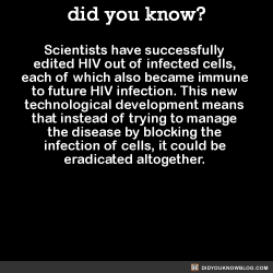 did-you-kno:  Scientists have successfully  edited HIV out of infected cells,  each of which also became immune  to future HIV infection. This new  technological development means  that instead of trying to manage  the disease by blocking the  infection