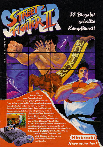 German Super Street Fighter II advertisement.
I love that Thunder Hawk is all but obscured in this piece – only a feather can be seen, peeking from behind Dee Jay’s maximum leg. At least there’s a small sprite of him in the ad’s single...