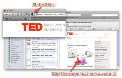 Safari Clipper: Hold down the shift key and click the elephant in Safari to get a PDF of the current web page sent into Evernote. This is great for documenting formatting or design of web pages.