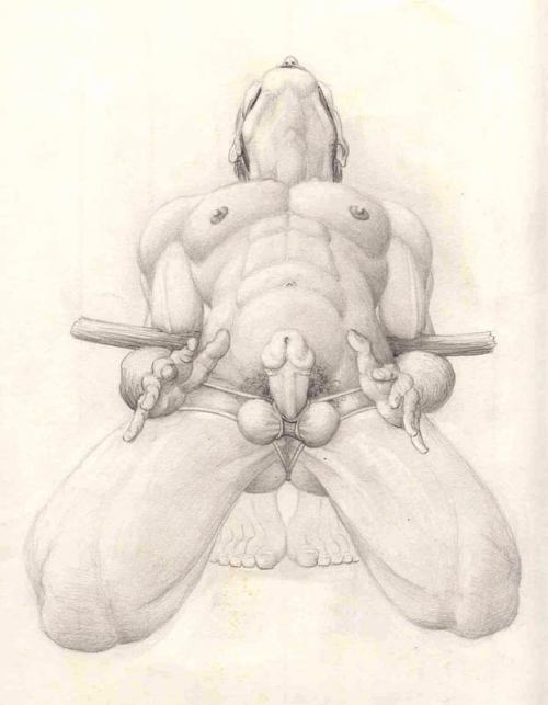 malesubmissionart: A naked man on his knees is tied with his elbows behind a wooden rod, his cock an