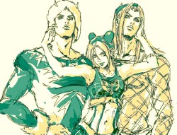 domenico-ss: armpits arms up double buns fur hat horns jojo no kimyou na bouken kujo jolyne lipstick long hair midriff narciso anasui navel reine (artist) sketch weather report