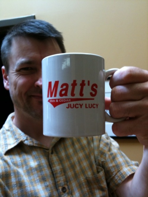 Mugshot - “Matt’s - Jucy Lucy (On Back: ‘Fear the Cheese!’)“ 100% Colombian Dark Roast at MinnPost HQ. #MugshotMonday