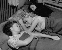 schouler:windsweptribbons:bunnymitford:    1940, Girls sleeping in the underground passages and dressing rooms at the Windmill Theatre during the London blitz.   