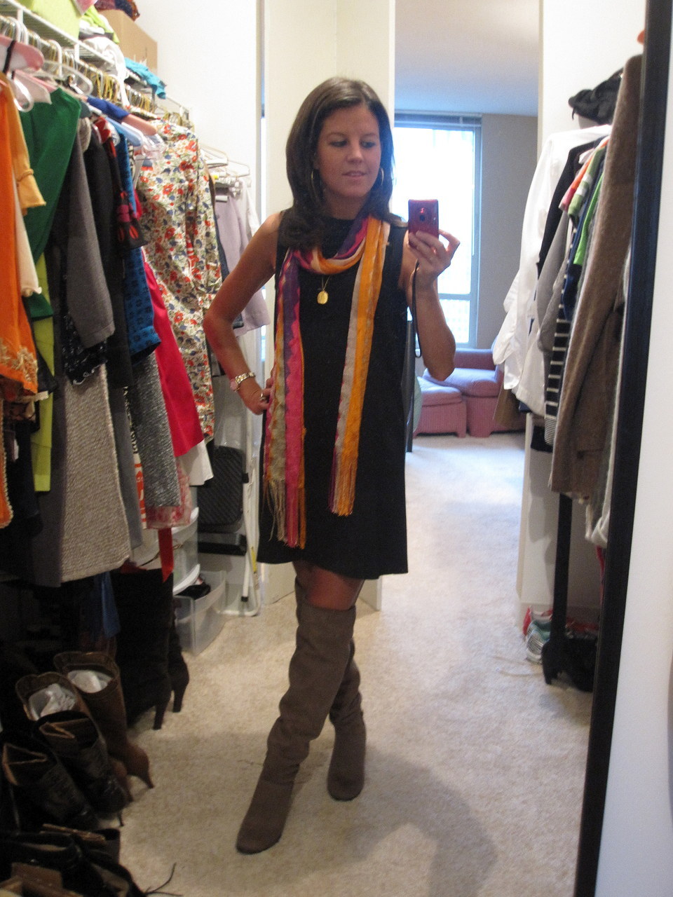 Head-to-Toe: choir rehearsal after work edition
• Back Dress: Target
• Over the Knee Boots: Impo at DSW
• Scarf: H&M (but I like it because it is very Missoni-esque)
• Necklace: J. Crew
• Earrings: Target
To take a page out of Valarie Elizabeth’s...