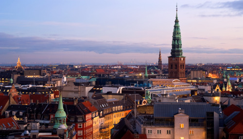 The Roofs of Copenhagen seen from Rundetaarn (The Round Tower). In the background you can see the Oe