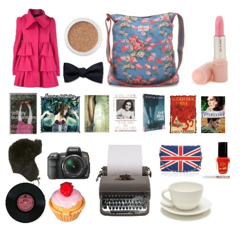 Me in objects. This is what my friends think represents me. My pink coat, gold eyeshadow, bows (on everything), my Cath Kidston schoolbag, my lipsticks, all my books and “strange” music, the fact that i keep going on about fur hats (XD), my