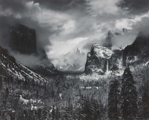 clearing winter storm, Yosemite national park, California photo by Ansel Adams, ~1938