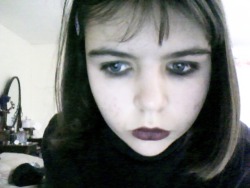 me when i got back earlier i made purple lipstick with red lipstick and black eyeshadow i love it!! and that&rsquo;s what i look like with no fringe ^^