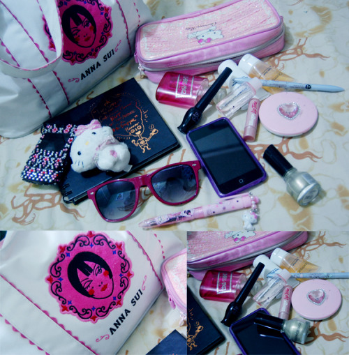 fuckyeahwhatsinyourbag:  Anna Sui Tote, Charmmy Kitty pouch, Dior 1947, Celeteque moistuzer and facial wash, Etude House liquid eyeliner, Shu Eumura skin purifier, Blistex lipbalm, The Face Shop automatic eyeliner and gold nal polish, JnJ face powder,