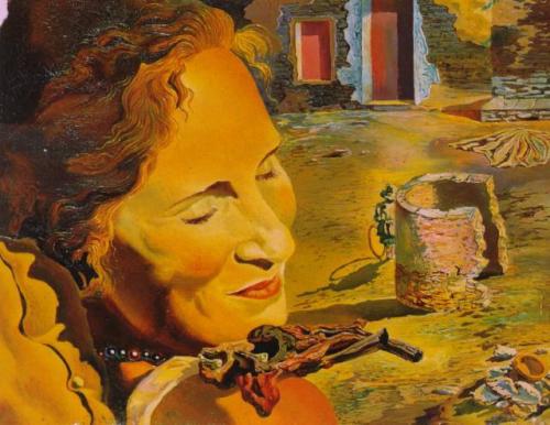 zombiekookie:  surrealism: Sunday Dalí: Portrait of Gala with Two Lamb Chops Balanced on Her Shoulder, 1933. Oil on olive wood, 6 x 8 cm, Fundación Gala-Salvador Dalí, Figueras. Dalí once said of this painting, “I like chops and I like my wife.