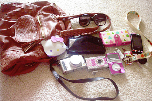 fuckyeahwhatsinyourbag:  got my big brown bag, oversized sunglasses, makeup pouch,