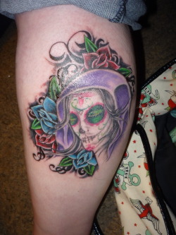 casey887:  Not the best picture.. But the finished Day of the dead piece. &lt;3  I love this tattoo! They did a great job, it looks amazing!!