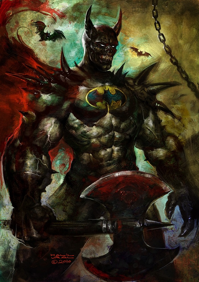 A medieval spawn of Batman is quickly taking over Gotham City in Halil Ural’s gruesome illustration. Massive Battle Axe not included.
Related Rampages: Rockman-X | Shop Smart, Shop S-MART (More)
Batman by Halil Ural / MrDream (deviantART)...