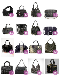 fuckyeahwhatsinyourbag:  Hey there :) Can you help me find a cute black studded bag :) ♥ trisha - Asked by: Willaaa  o1. Sara Berman Slouchy studded suede bag o2. Betsey Johnson So Quilty Studded Leather Satchel o3. Deux Lux black faux leather ‘Piper’