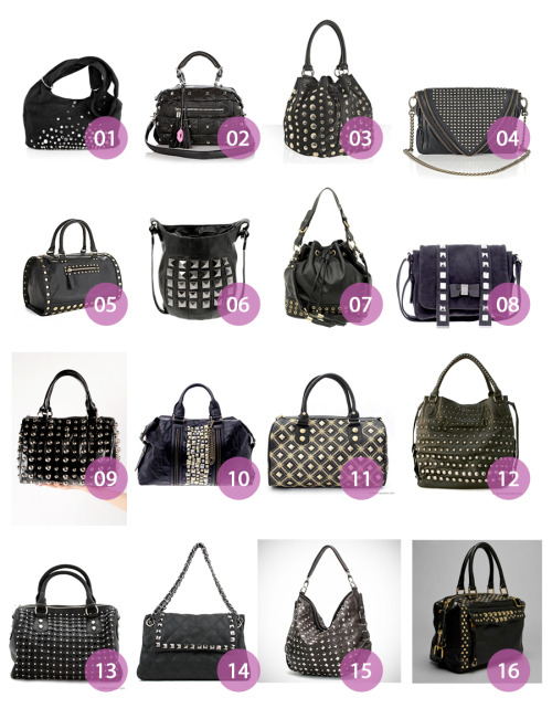 fuckyeahwhatsinyourbag:  Hey there :) Can you help me find a cute black studded bag :) ♥ trisha - Asked by: Willaaa  o1. Sara Berman Slouchy studded suede bag o2. Betsey Johnson So Quilty Studded Leather Satchel o3. Deux Lux black faux leather ‘Piper’