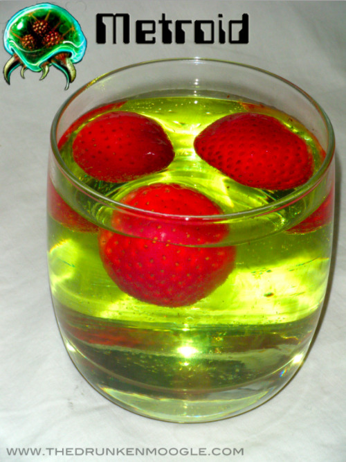 thedrunkenmoogle:  Metroid (Metroid Cocktail) Ingredients: ½ shot Bacardi Big Apple Rum½ shot Coconut Rum½ glass Kiwi Strawberry Minute Maid (or Kool-Aid)A little less than ½ a glass Sprite3 Strawberries  Directions: Shake