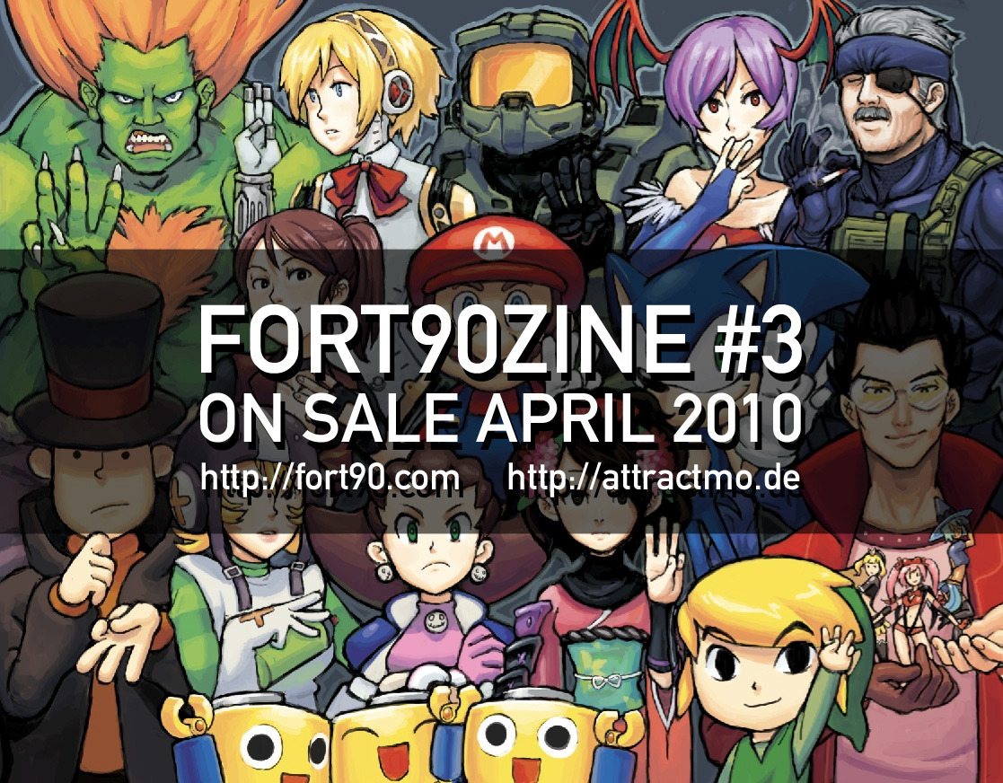 Fort90Zine #3 teaser image by Mariel Cartwright (click for a larger image). By putting Professor Layton, Tron Bonne (with Servbots, of course), Momohime, Travis Touchdown, and pretty much all of my favorite characters on the cover of the latest zine...