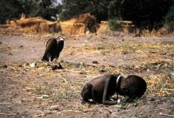 This Pulitzer Price winning photograph was taken in 1994 during the Sudan famine. The picture depicts a famine stricken child crawling towards an United Nation food camp, located a kilometre away.The vulture is waiting for the child to die so that it