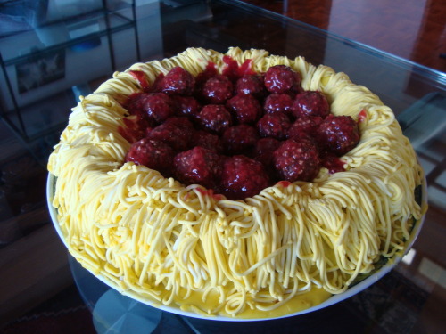 Spaghetti and Meatball Cake
Chocolate cake covered in spaghetti icing, with Ferrero Roche meatballs smothered with raspberry sauce.
(submitted by Jordan Fallow)