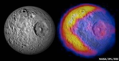 Mimas and a map of temperature variations that looks like Pac-Man