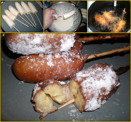 Banana Corn Dogs
Bananas coated in funnel cake batter, deep fried and covered in powdered sugar.
(submitted by Jason Lewis)