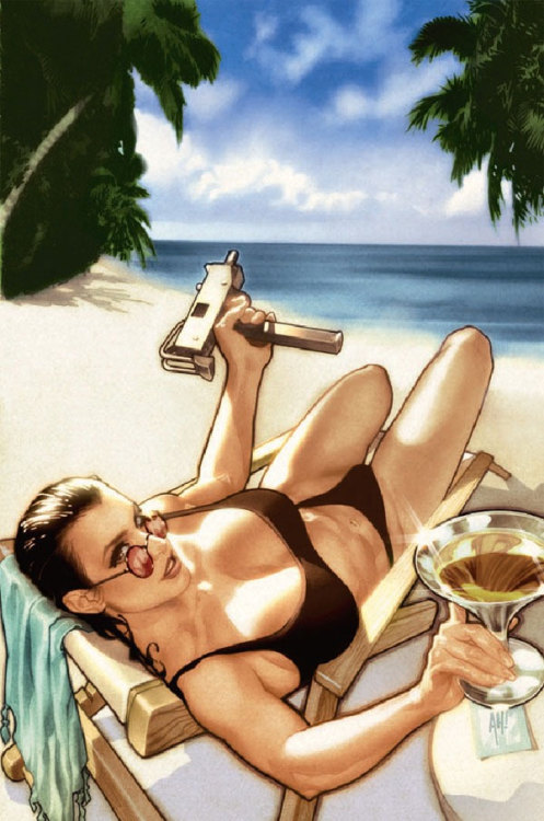 El merecido descanso de Lara Croft, por Adam Hughes.