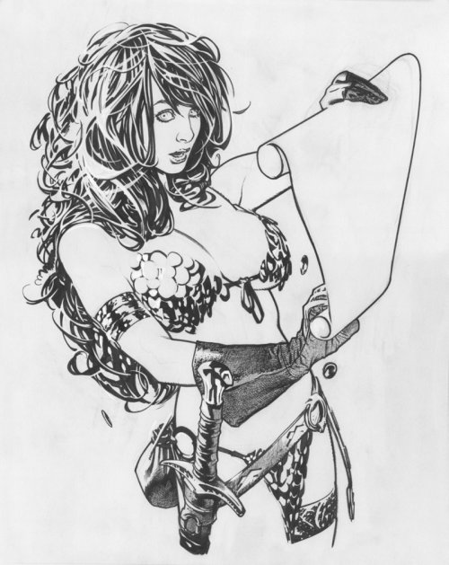 Red Sonja (lápiz), por Adam Hughes.