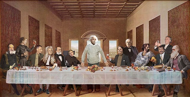 From left to right: Galileo Galilei, Marie Curie, J. Robert Oppenheimer, Isaac Newton,