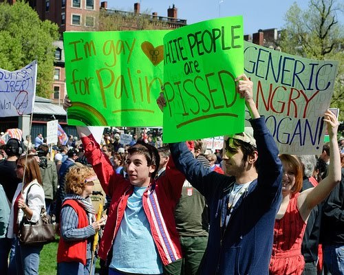 thedailywhat:  Counter-Protest of the Day: “Fake teabaggers” infiltrated Sarah Palin’s Boston Tea Party rally, which was held today on the Common. More photos here. Up with this sort of thing. [joemygod.]  MAY I PLEASE DRAW ATTENTION TO THE “ANGRY