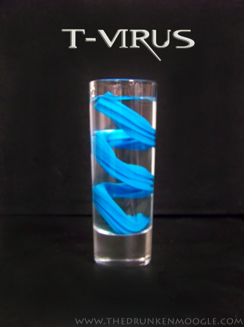 T-Virus (Resident Evil Shot)
Ingredients:
¾ shot Silver Rum
¼ shot Everclear
1 Blue Twizzler
Directions: Wind a blue Twizzler around a tall double shot glass. It should stick to the sides of the glass. Pour in the silver rum and top with the...